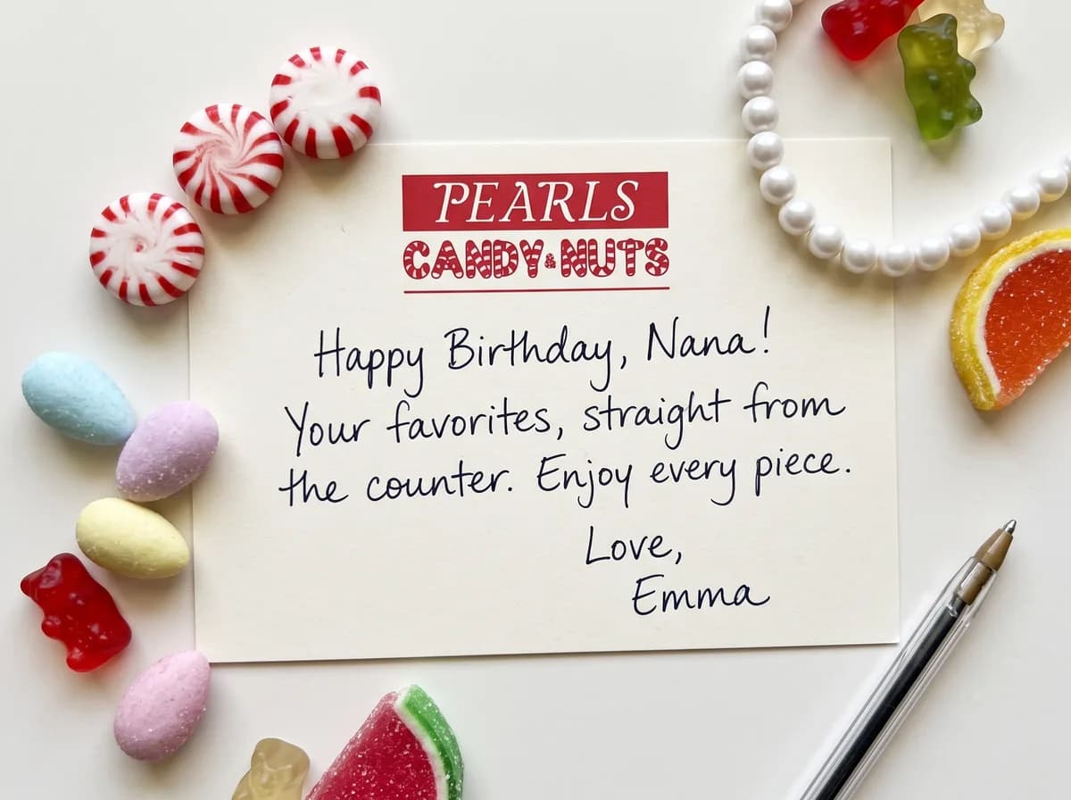 A handwritten gift note on Pearls Candy & Nuts letterhead, with candy and sugar pearls around it